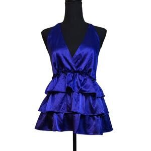 Silky ruffled halter top in a deep blue size Medium